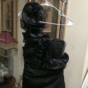 Black, one shoulder, ruffled, party dress